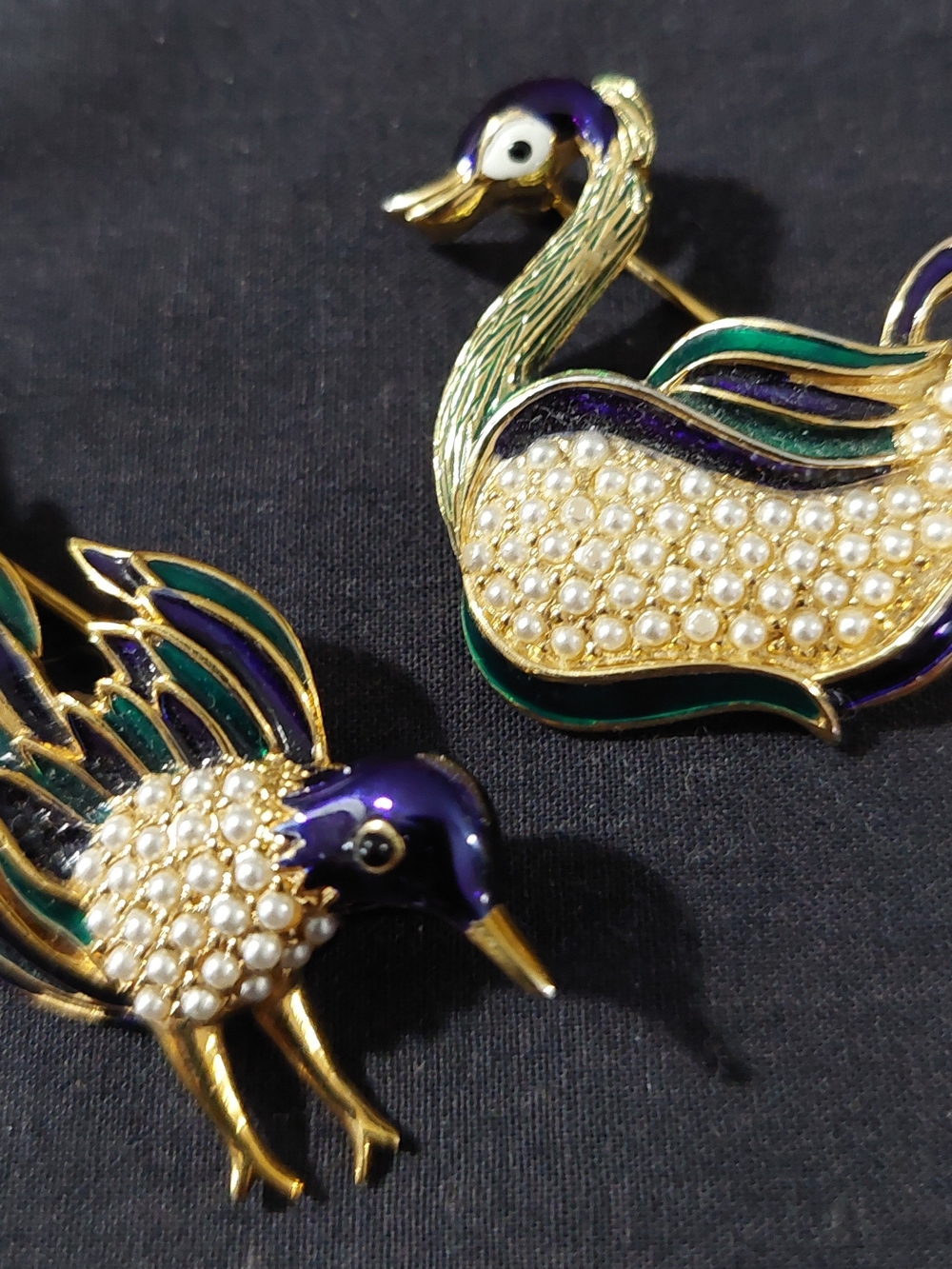 Vintage D'Orlan Enamel and Faux Pearl Bird Brooch Set